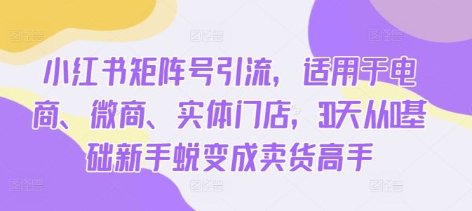 小红书矩阵号引流，适用于电商、微商、实体门店，30天从0基础新手蜕变成卖货高手 - 来及网络