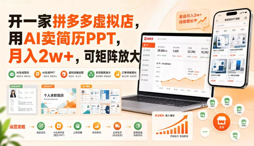 开一家拼多多虚拟店，用AI卖简历PPT，月入2w+，可矩阵放大【揭秘】 - 来及网络