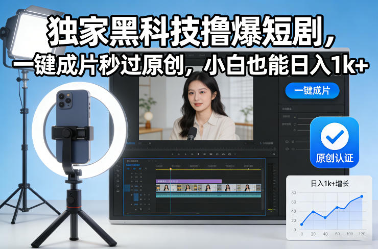 独家黑科技撸爆短剧，一键成片秒过原创，小白也能日入1k+【揭秘】 - 来及网络