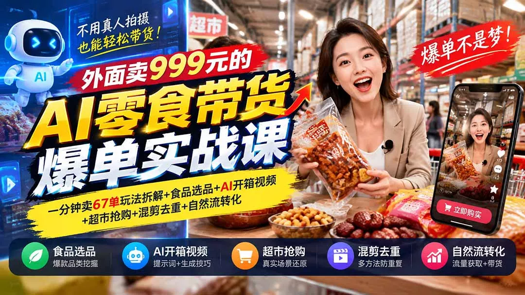 外面卖999元的AI零食带货爆单实战课｜一分钟卖67单玩法拆解+食品选品+AI开箱视频+超市抢购+混剪去重+自然流转化 - 来及网络