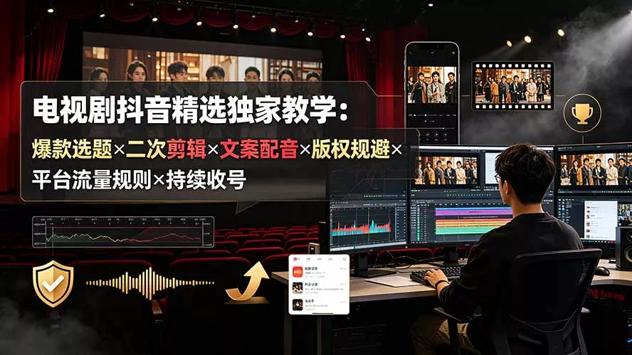 电视剧抖音精选独家教学：爆款选题×二次剪辑×文案配音×版权规避×平台流量规则×持续收益账号 - 来及网络