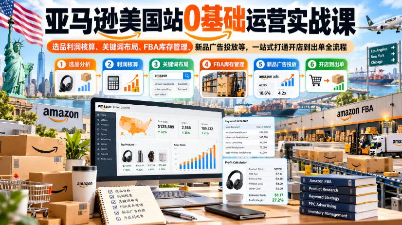 亚马逊美国站0基础运营实战课｜选品利润核算、关键词布局、FBA库存管理、新品广告投放等，一站式打通开店到出单全流程 - 来及网络
