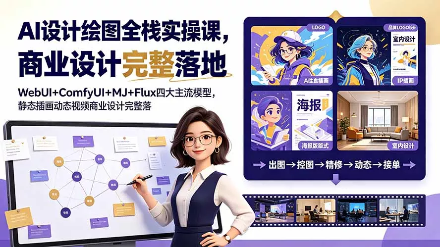 AI设计绘图全栈实操课，WebUI+ComfyUI+MJ+Flux四大主流模型，静态插画动态视频商业设计完整落地教程 - 来及网络