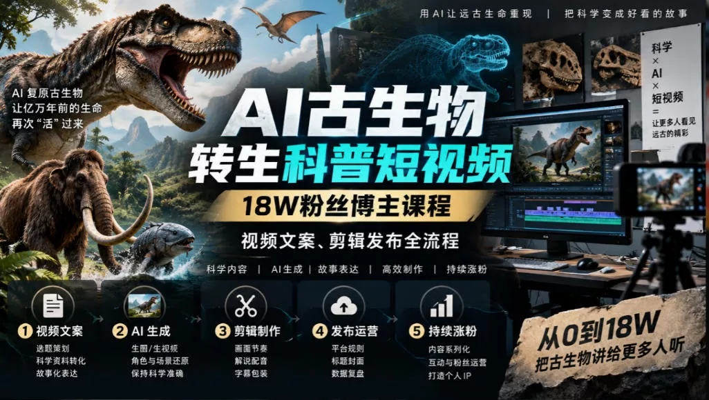 AI古生物转生科普短视频，18W粉丝博主课程，视频文案、剪辑发布全流程 - 来及网络