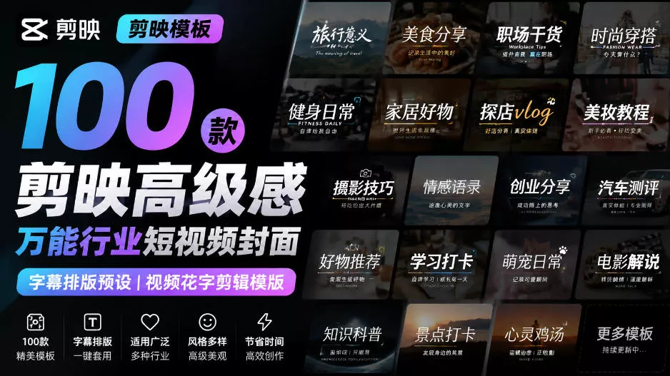 【剪映模板】100款剪映高级感万能行业短视频封面字幕排版预设视频花字剪辑模版 - 来及网络