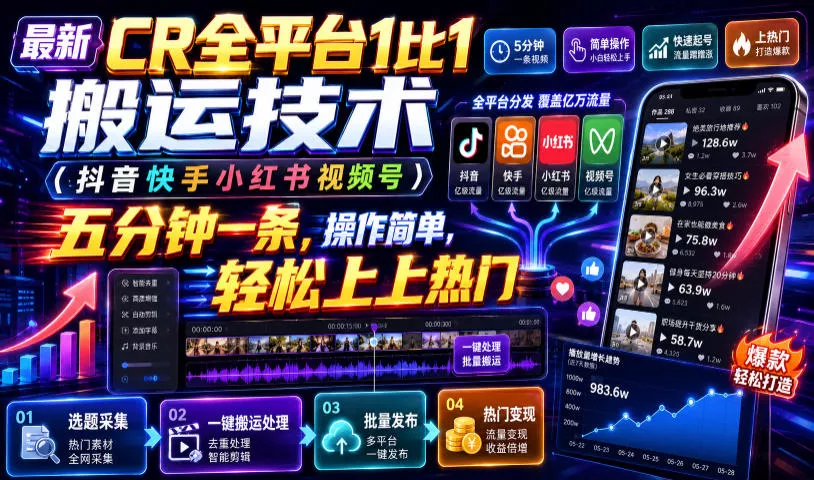 最新CR全平台1比1搬运技术(抖音快手小红书视频号)五分钟分钟一条，操作简单，轻松上热门(教程+软件+参数) - 来及网络