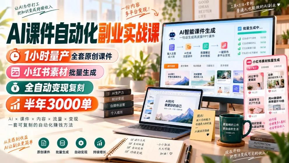 AI课件自动化副业实战课，1小时量产全套原创课件，小红书素材批量生成，全自动变现复刻，半年3000单 - 来及网络