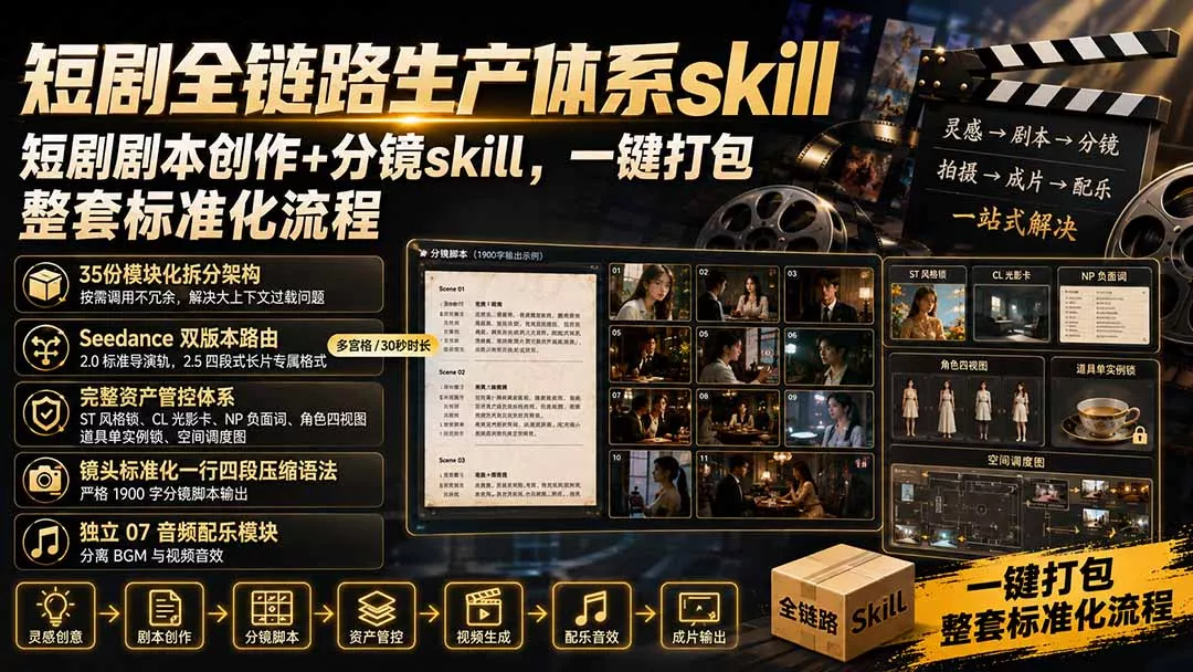 短剧全链路生产体系skill，短剧剧本创作+分镜skill，一键打包，整套标准化流程 - 来及网络