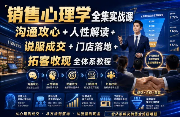 销售心理学全集实战课｜沟通攻心+人性解读+说服成交+门店落地+拓客收现全体系教程 - 来及网络