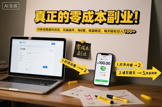 真正的零成本副业！问卷调查暴利项目，无脑操作，纯0撸，收益稳定，每天轻松日入100+【揭秘】 - 来及网络