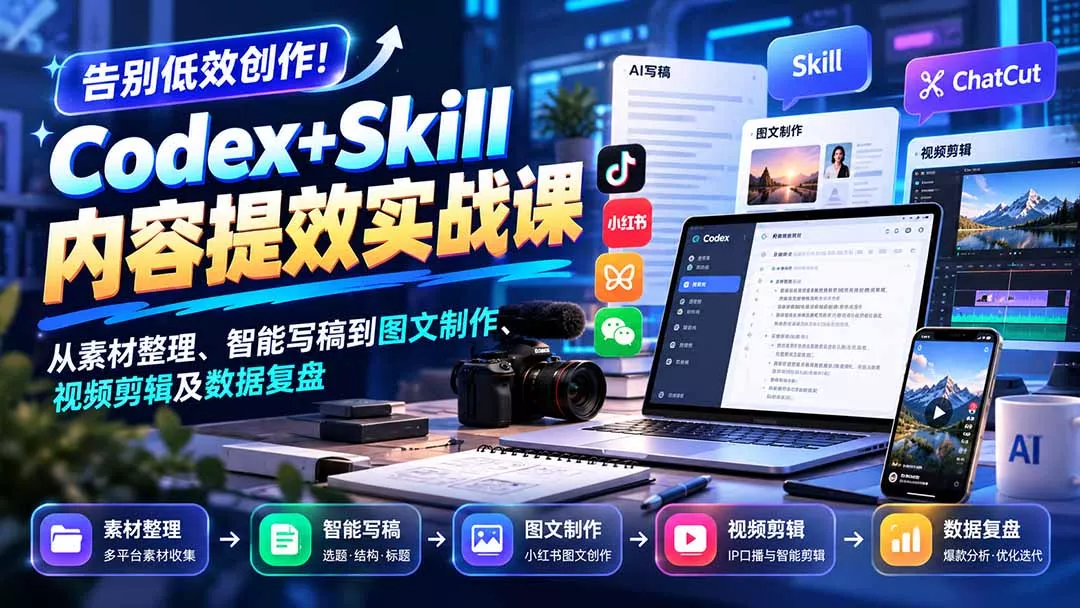 【无水印】告别低效创作！Codex+Skill内容提效实战课：从素材整理、智能写稿到图文制作、视频剪辑及数据复盘 - 来及网络