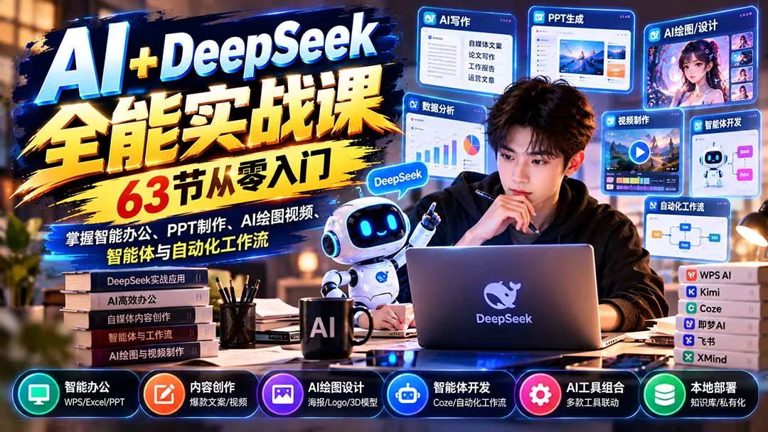 AI+DeepSeek全能实战课：63节从零入门，掌握智能办公、PPT制作、AI绘图视频、智能体与自动化工作流 - 来及网络