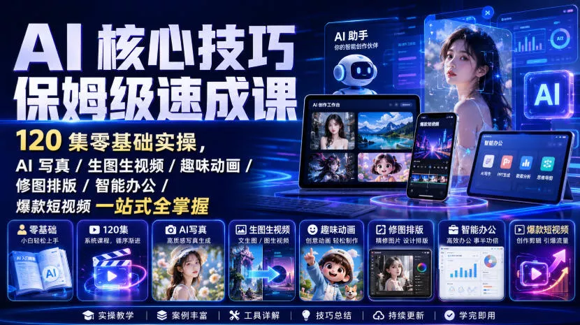 AI核心技巧保姆级速成课｜120集零基础实操，AI写真/生图生视频/趣味动画/修图排版/智能办公/爆款短视频一站式全掌握(更新) - 来及网络