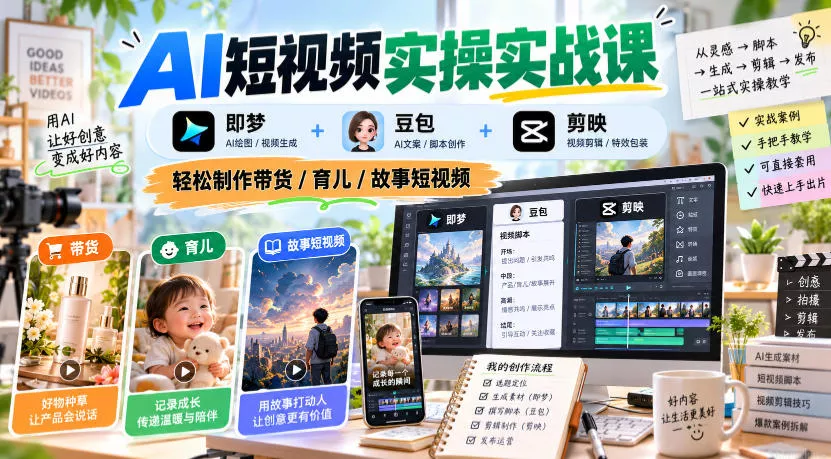 AI短视频实操实战课，即梦+豆包+剪映，轻松制作带货/育儿/故事短视频 - 来及网络