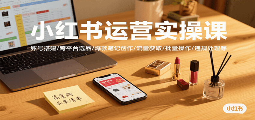 小红书运营实操课，账号搭建/跨平台选品/爆款笔记创作/流量获取/批量操作/违规处理等 - 来及网络