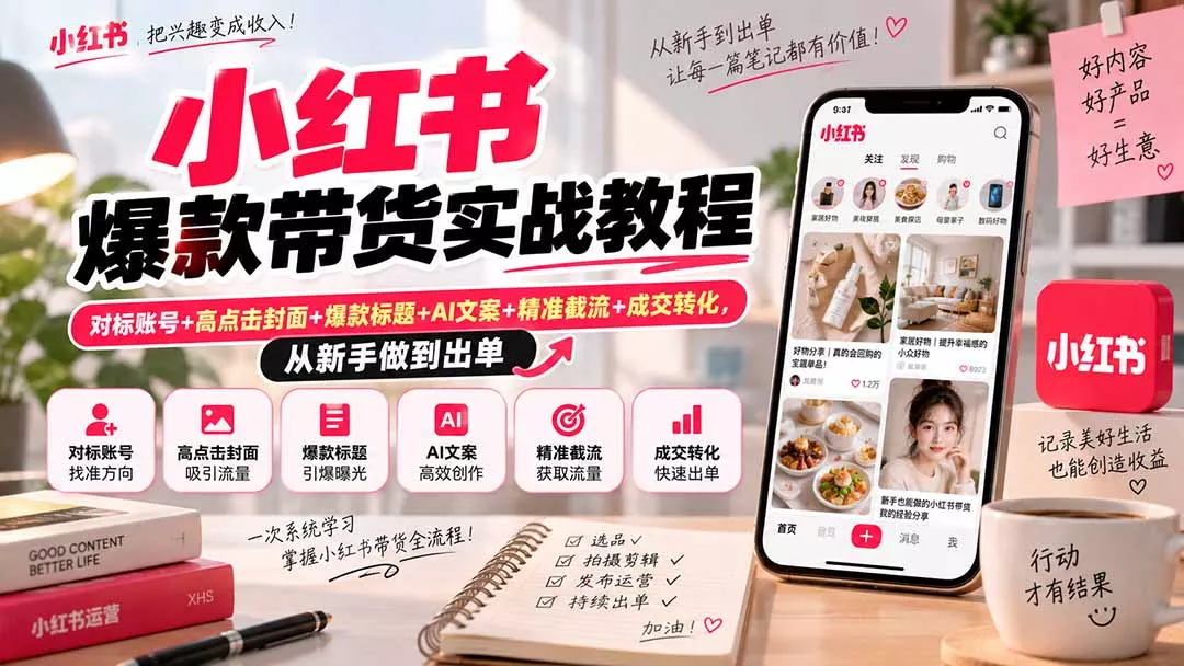 小红书爆款带货实战教程｜对标账号+高点击封面+爆款标题+AI文案+精准截流+成交转化，从新手做到出单 - 来及网络