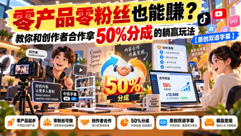 【无水印】零产品零粉丝也能賺？教你和创作者合作拿50%分成的躺赢玩法【原创双语字幕】 - 来及网络