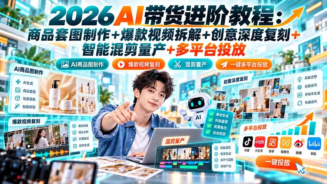 2026AI带货进阶教程：商品套图制作+爆款视频拆解+创意深度复刻+智能混剪量产+多平台投放 - 来及网络