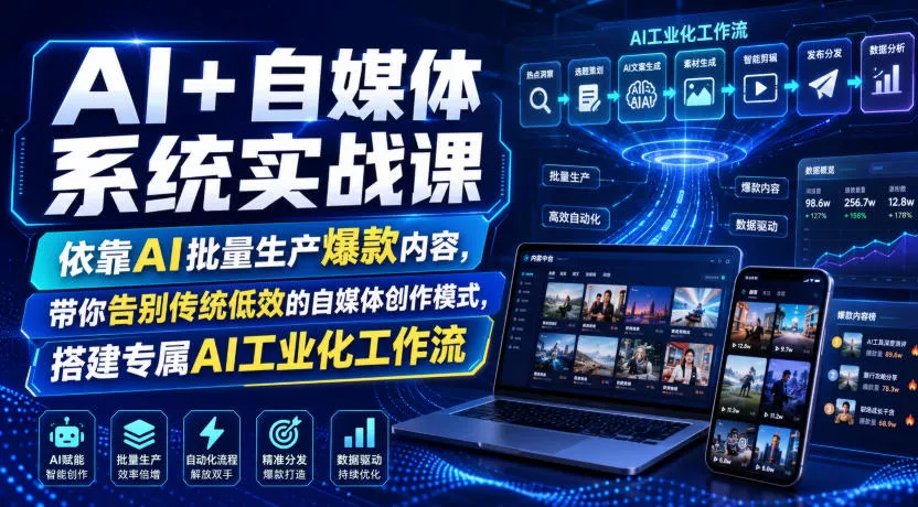 AI+自媒体系统实战课，依靠AI批量生产爆款内容，带你告别传统低效的自媒体创作模式，搭建专属AI工业化工作流 - 来及网络