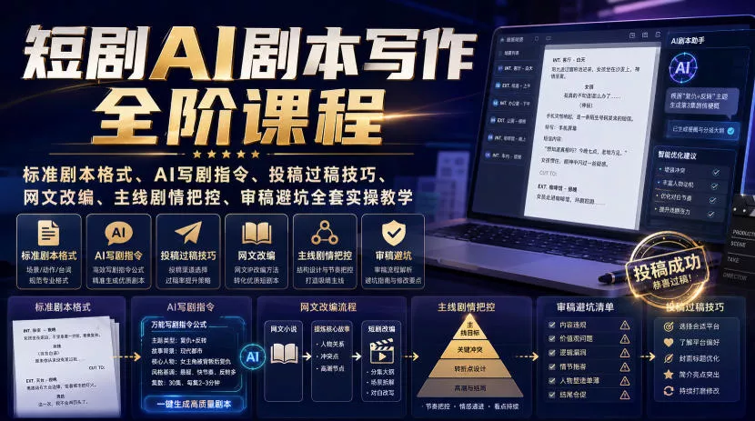 短剧AI剧本写作全阶课程｜标准剧本格式、AI写剧指令、投稿过稿技巧、网文改编、主线剧情把控、审稿避坑全套实操教学 - 来及网络