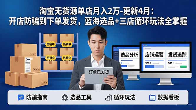 淘宝无货源5.0单店月入2万-更新4月：开店防骗到下单发货，蓝海选品+三店循环玩法全掌握 - 来及网络