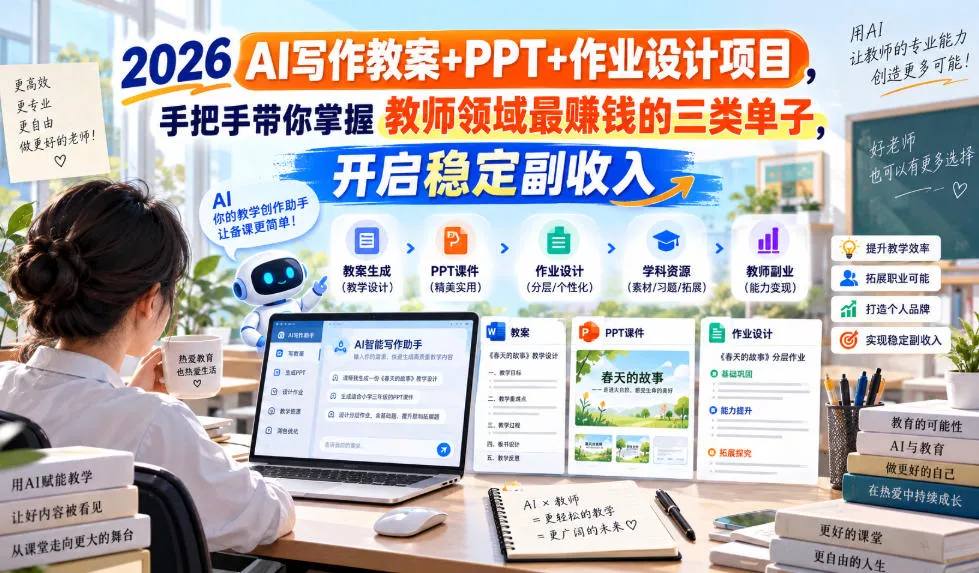 2026 AI写作教案+PPT+作业设计项目，手把手带你掌握教师领域最賺钱的三类单子，开启稳定副收入 - 来及网络