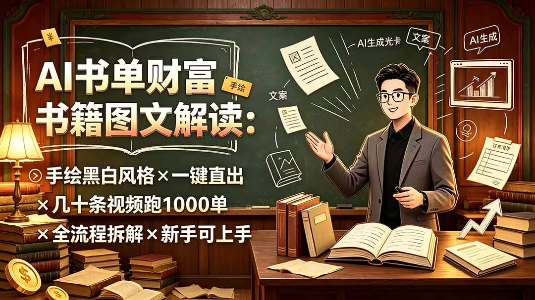 AI书单财富书籍图文解读：手绘黑白风格×一键直出×几十条视频跑1000单×全流程拆解×新手可上手 - 来及网络