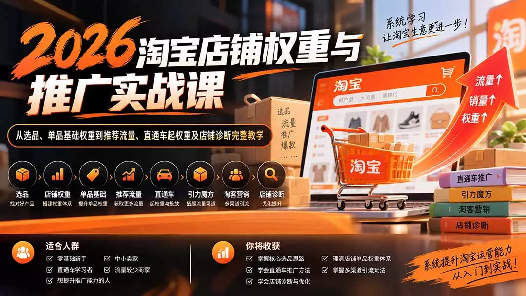 2026淘宝店铺权重与推广实战课：从选品、单品基础权重到推荐流量、直通车起权重及店铺诊断完整教学 - 来及网络