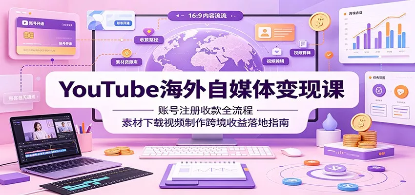 YouTube海外自媒体变现课：账号注册收款全流程，素材下载视频制作跨境收益落地指南 - 来及网络