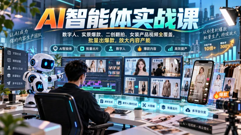 AI智能体实战课，数字人、实景爆款、二创翻拍、女装产品视频全覆盖，批量出爆款，放大内容产能 - 来及网络