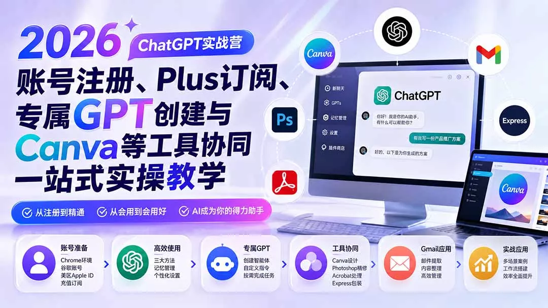 2026 ChatGPT实战营；账号注册、Plus订阅、专属GPT创建与Canva等工具协同一站式实操教学 - 来及网络