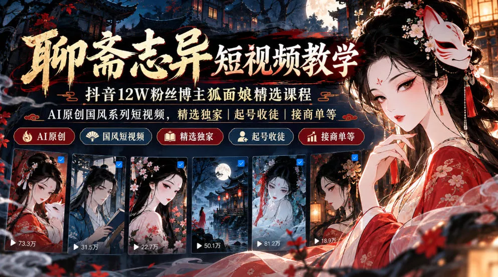 聊斋志异短视频教学，抖音12W粉丝博主狐面娘精选课程，AI原创国风系列短视频，精选独家丨起号收徒丨接商单等 - 来及网络