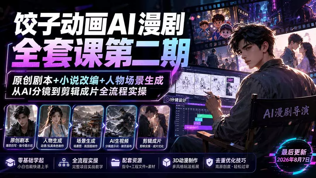 饺子动画AI漫剧全套课第二期：原创剧本+小说改编+人物场景生成，从AI分镜到剪辑成片全流程实操 - 来及网络