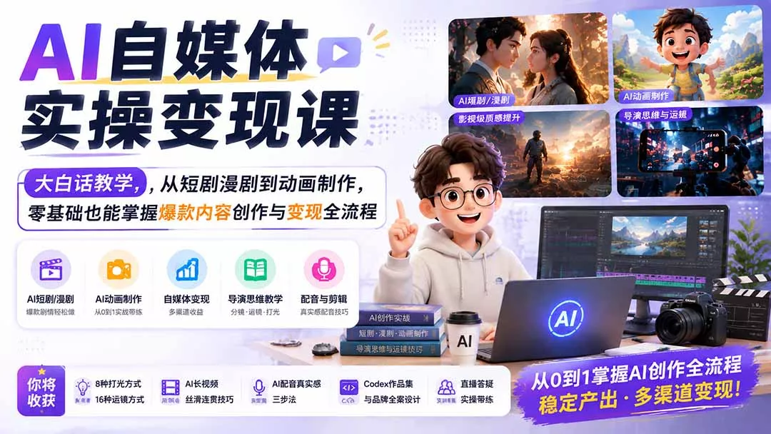 AI自媒体实操变现课｜大白话教学，从短剧漫剧到动画制作，零基础也能掌握爆款内容创作与变现全流程 - 来及网络