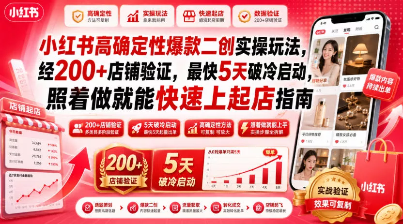 小红书高确定性爆款二创实操玩法，经200+店铺验证，最快5天破冷启动，照着做就能快速上起店指南 - 来及网络