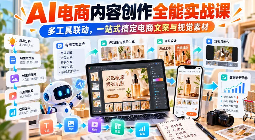 【无水印】AI电商内容创作全能实战课｜多工具联动，一站式搞定电商文案与视觉素材 - 来及网络
