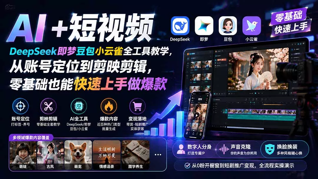 AI+短视频｜DeepSeek即梦豆包小云雀全工具教学，从账号定位到剪映剪辑，零基础也能快速上手做爆款 - 来及网络