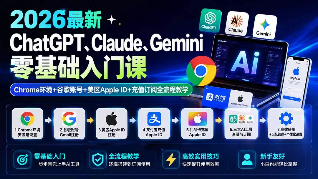 2026最新ChatGPT、Claude、Gemini零基础入门课：Chrome环境+谷歌账号+美区Apple ID+充值订阅全流程教学 - 来及网络