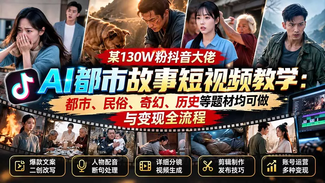 某130W粉抖音大佬AI都市故事短视频教学：都市、民俗、奇幻、历史等题材均可做与变现全流程 - 来及网络