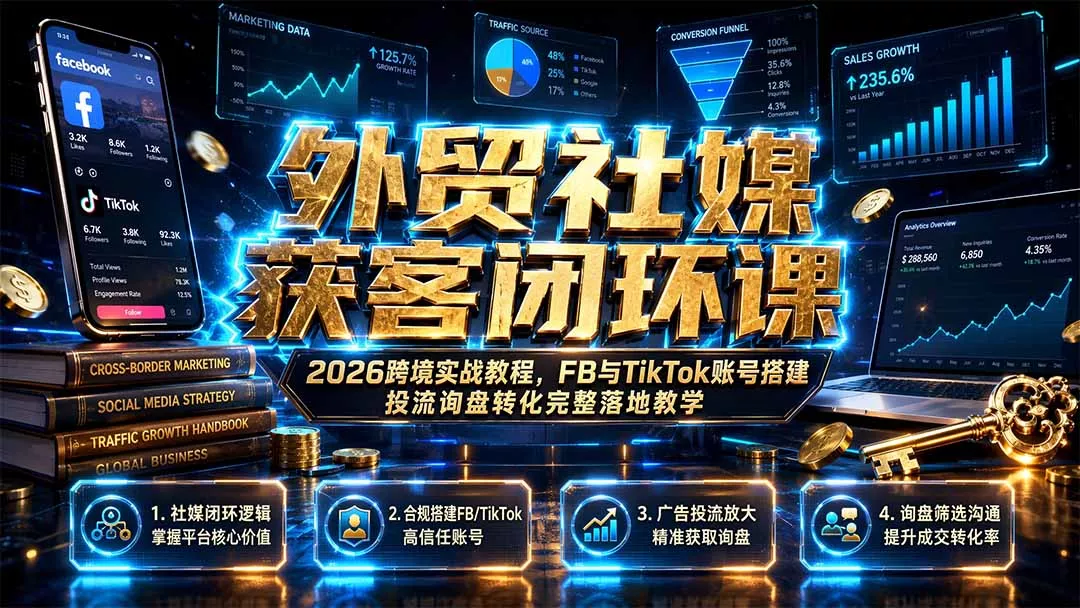 外贸社媒获客闭环课｜2026跨境实战教程，FB与TikTok账号搭建投流询盘转化完整落地教学 - 来及网络