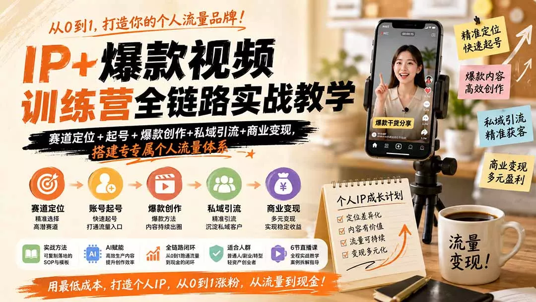 IP+爆款视频训练营全链路实战教学；赛道定位+起号+爆款创作+私域引流+商业变现，搭建专属个人流量体系 - 来及网络