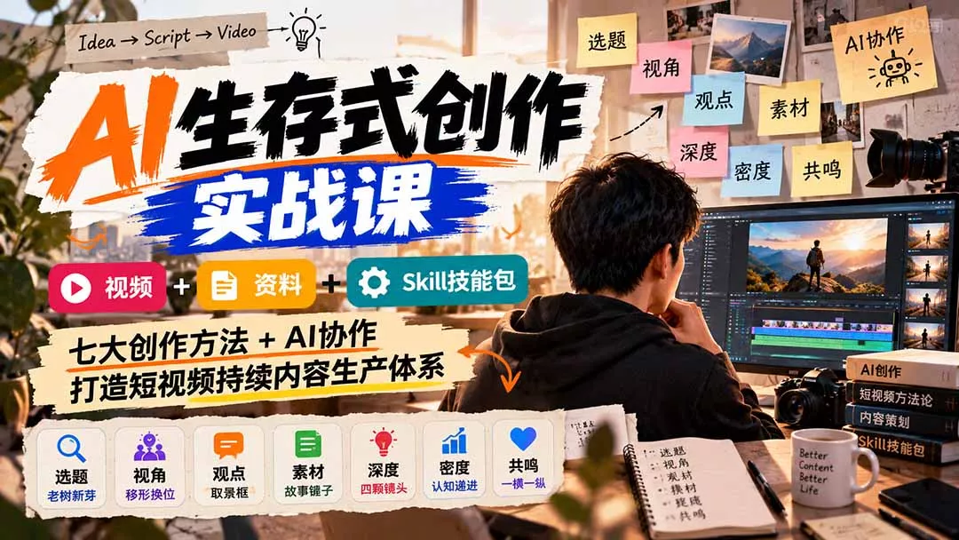 AI生存式创作实战课：视频+资料+Skill技能包，七大创作方法+AI协作，打造短视频持续内容生产体系 - 来及网络