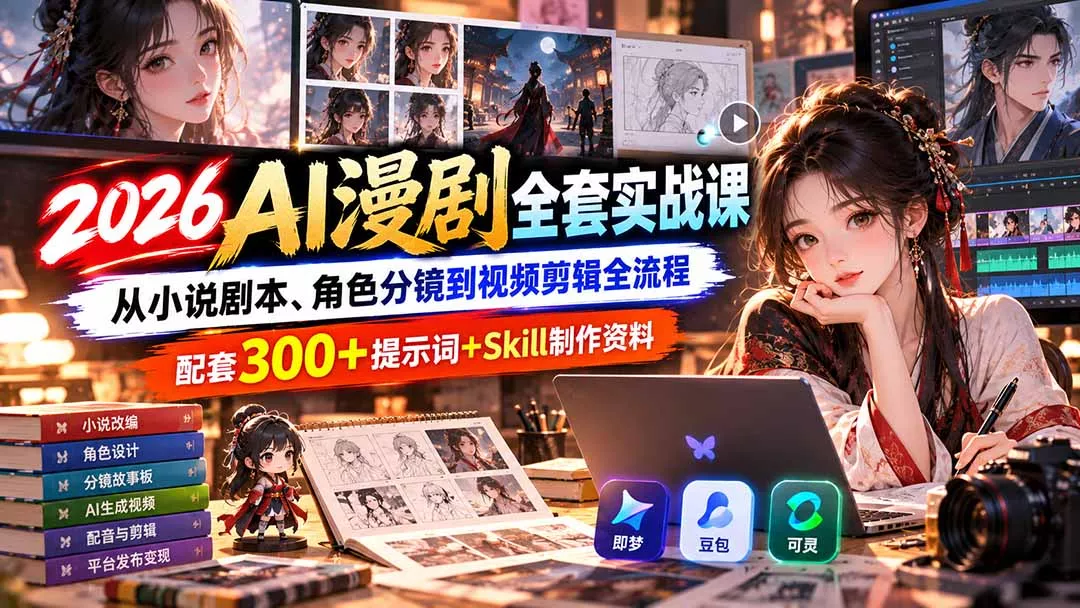 【无水印】2026AI漫剧全套实战课：从小说剧本、角色分镜到视频剪辑全流程，配套300+提示词+Skill制作资料 - 来及网络