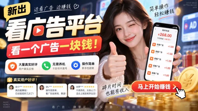新出看广告平台，看一个广告一块钱，大量真实好评！无需养机、不会黑号，操作简单【揭秘】 - 来及网络