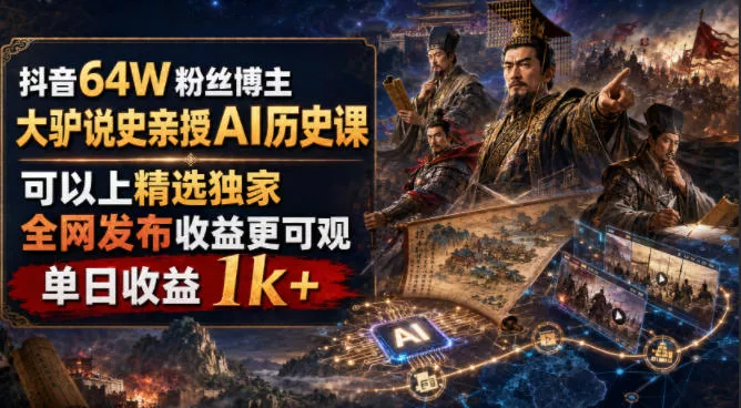 抖音64W粉丝博主大驴说史亲授AI历史课，可以上精选独家，全网发布收益更可观，单日收益1k+(更新) - 来及网络