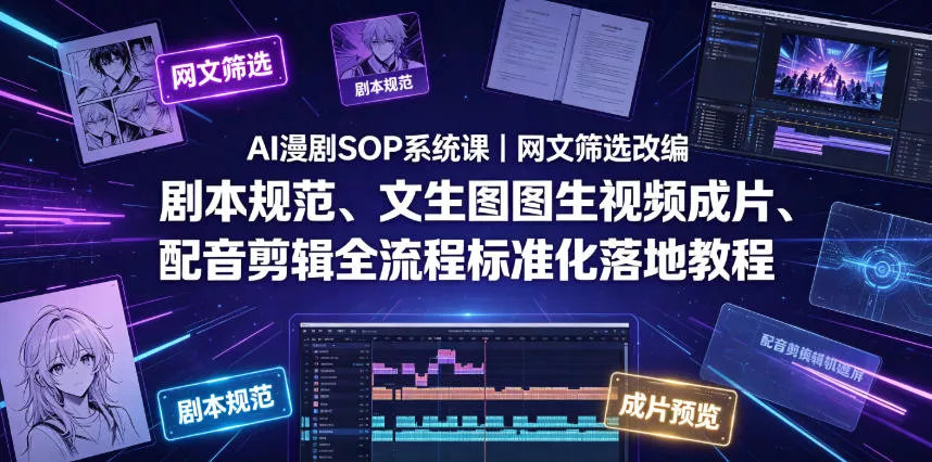 AI漫剧SOP系统课｜网文筛选改编、剧本规范、文生图图生视频成片、配音剪辑全流程标准化落地教程(更新0826) - 来及网络