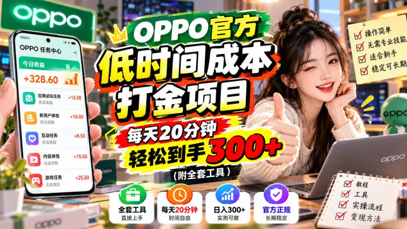 OPPO官方低时间成本打金项目，每天20分钟，轻松到手300+(附全套工具)【揭秘】 - 来及网络