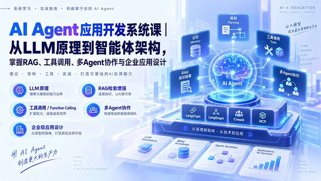 AI Agent应用开发系统课-179节｜从LLM原理到智能体架构，掌握RAG、工具调用、多Agent协作与企业应用设计 - 来及网络