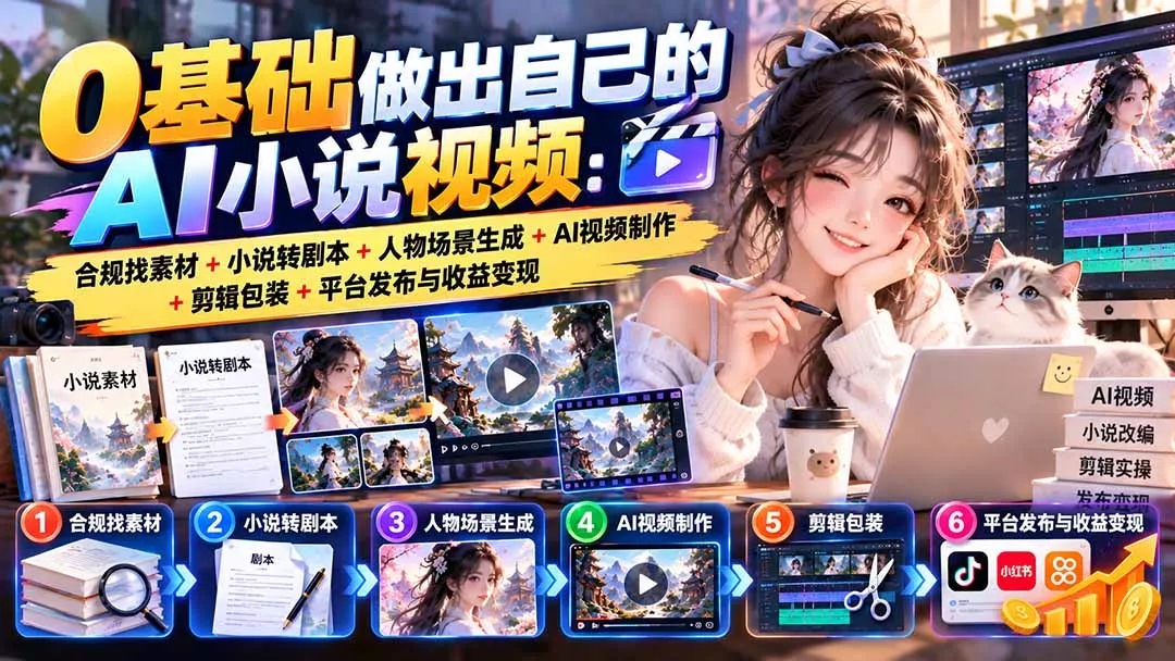0基础做出自己的AI小说视频：合规找素材+小说转剧本+人物场景生成+AI视频制作+剪辑包装+平台发布与收益变现 - 来及网络