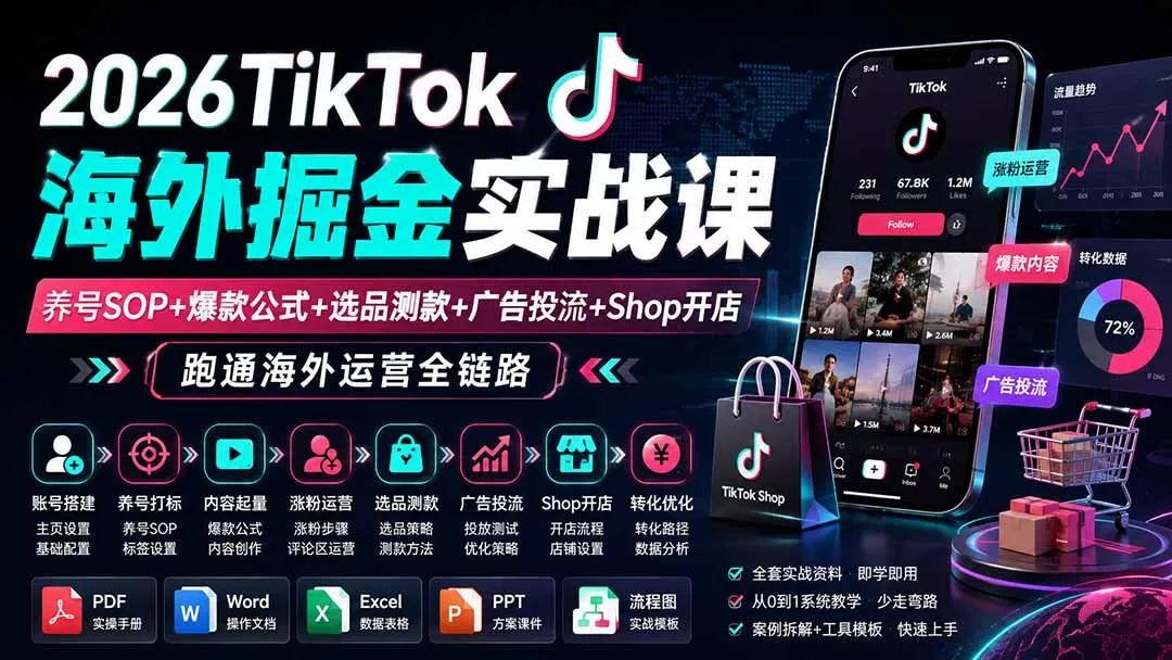 2026TikTok海外掘金实战课——养号SOP+爆款公式+选品测款+广告投流+Shop开店，跑通海外运营全链路 - 来及网络